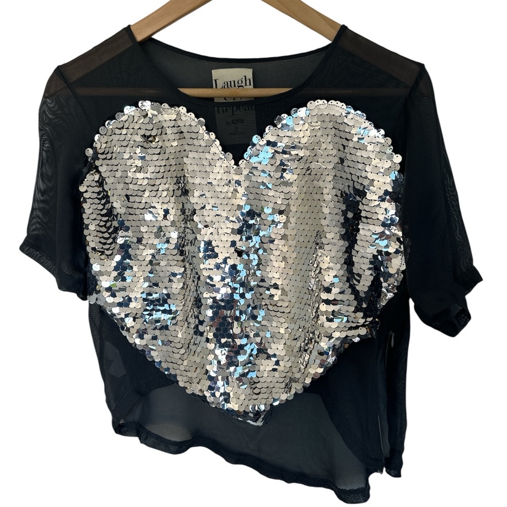 Laugh Cry Repeat Black Silk Sheer Crop Top with Silver Sequin Heart